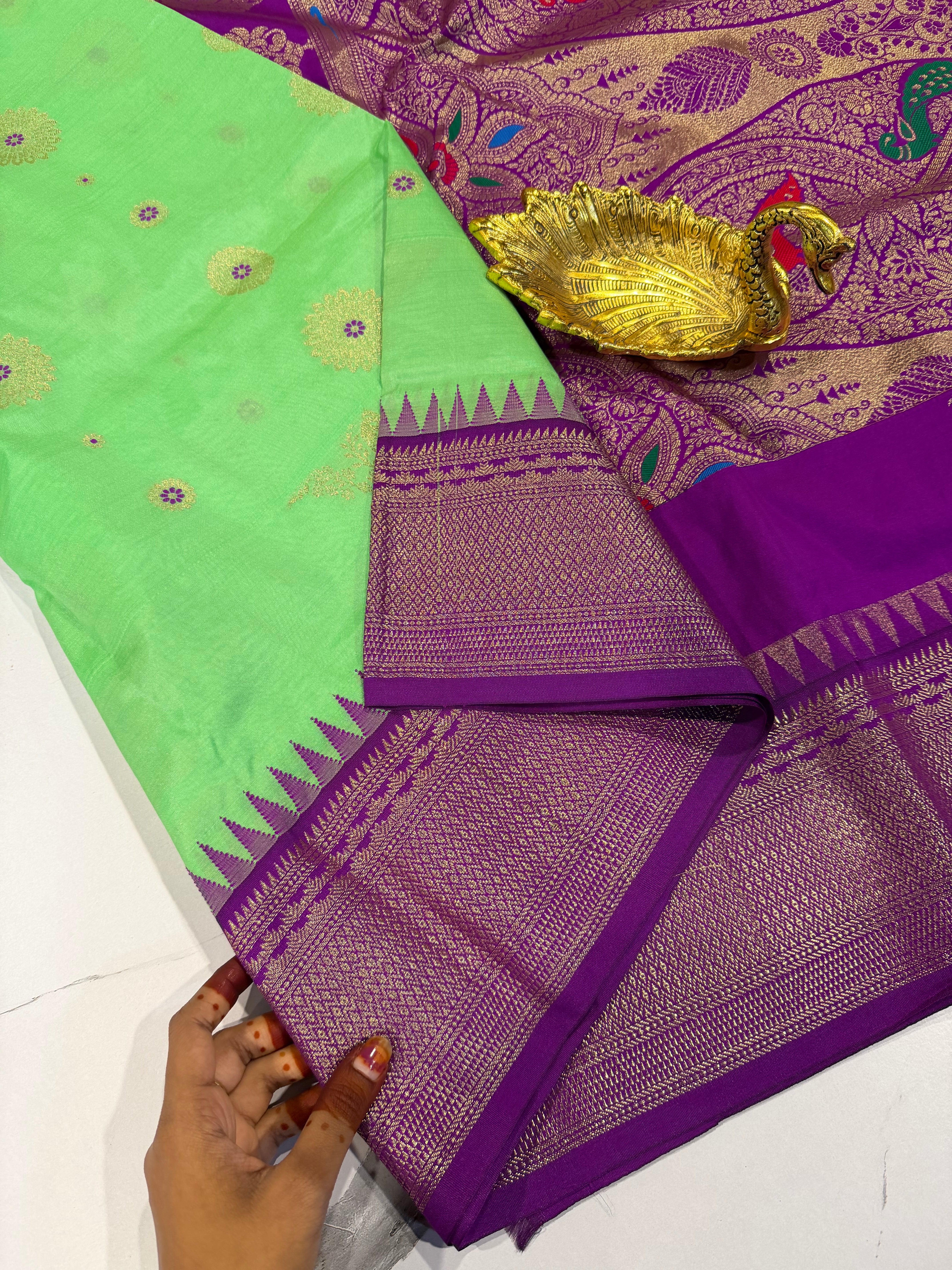 SN-35 Semi narayanpet sea green and  purple border saree