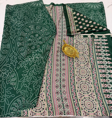 AM-950 green Ajrak mirrors saree