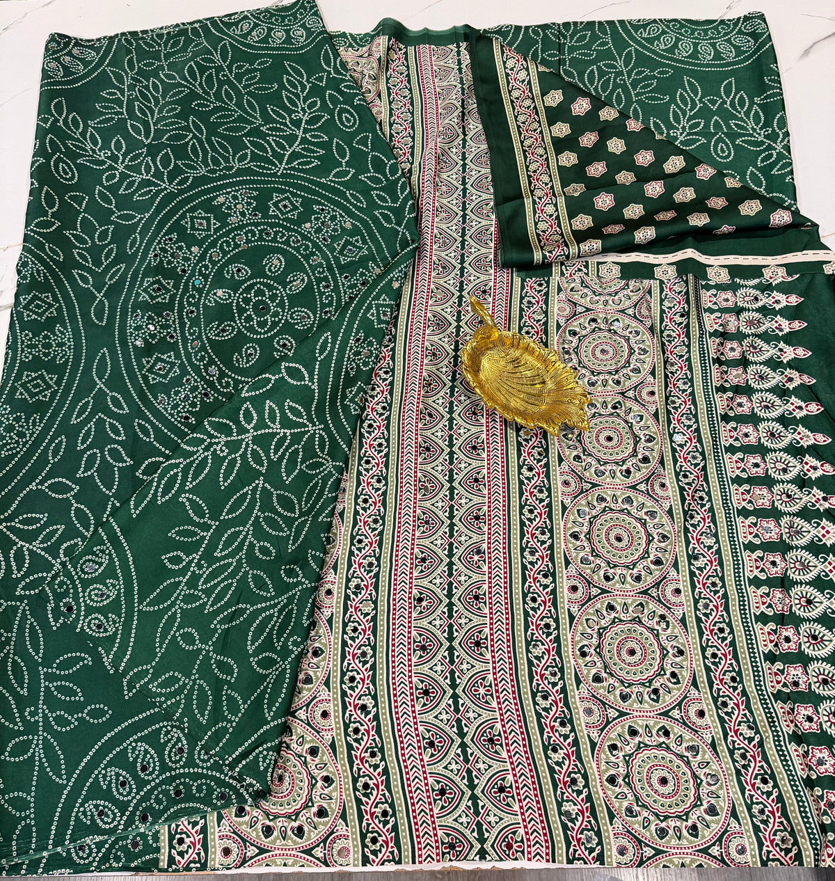 AM-950 green Ajrak mirrors saree