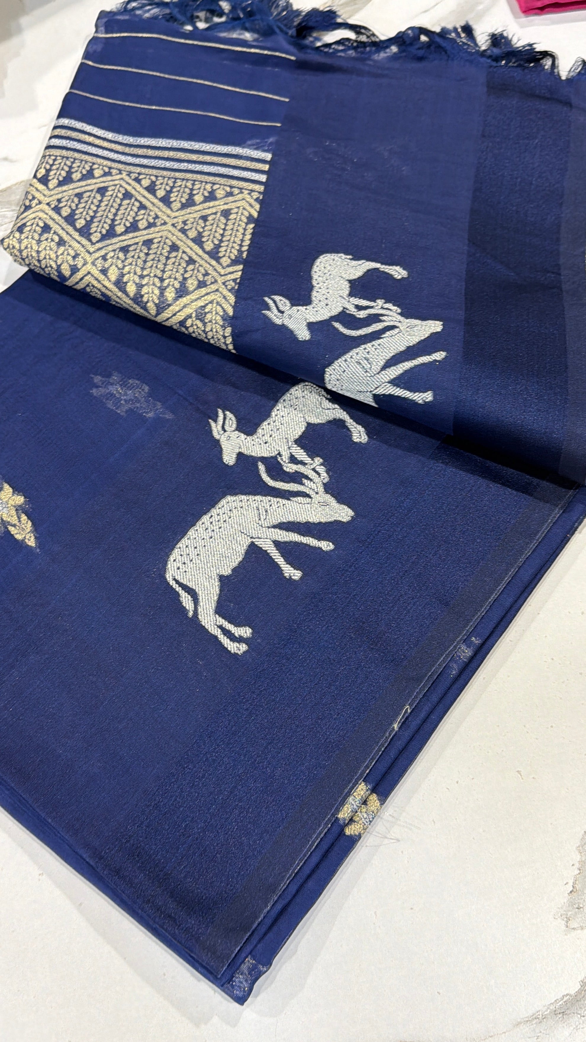 CR-21 Navi blue Kora jamdani semi sarees