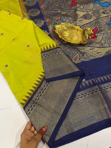 SN-35 Semi narayanpet pesara green and navy blue border saree