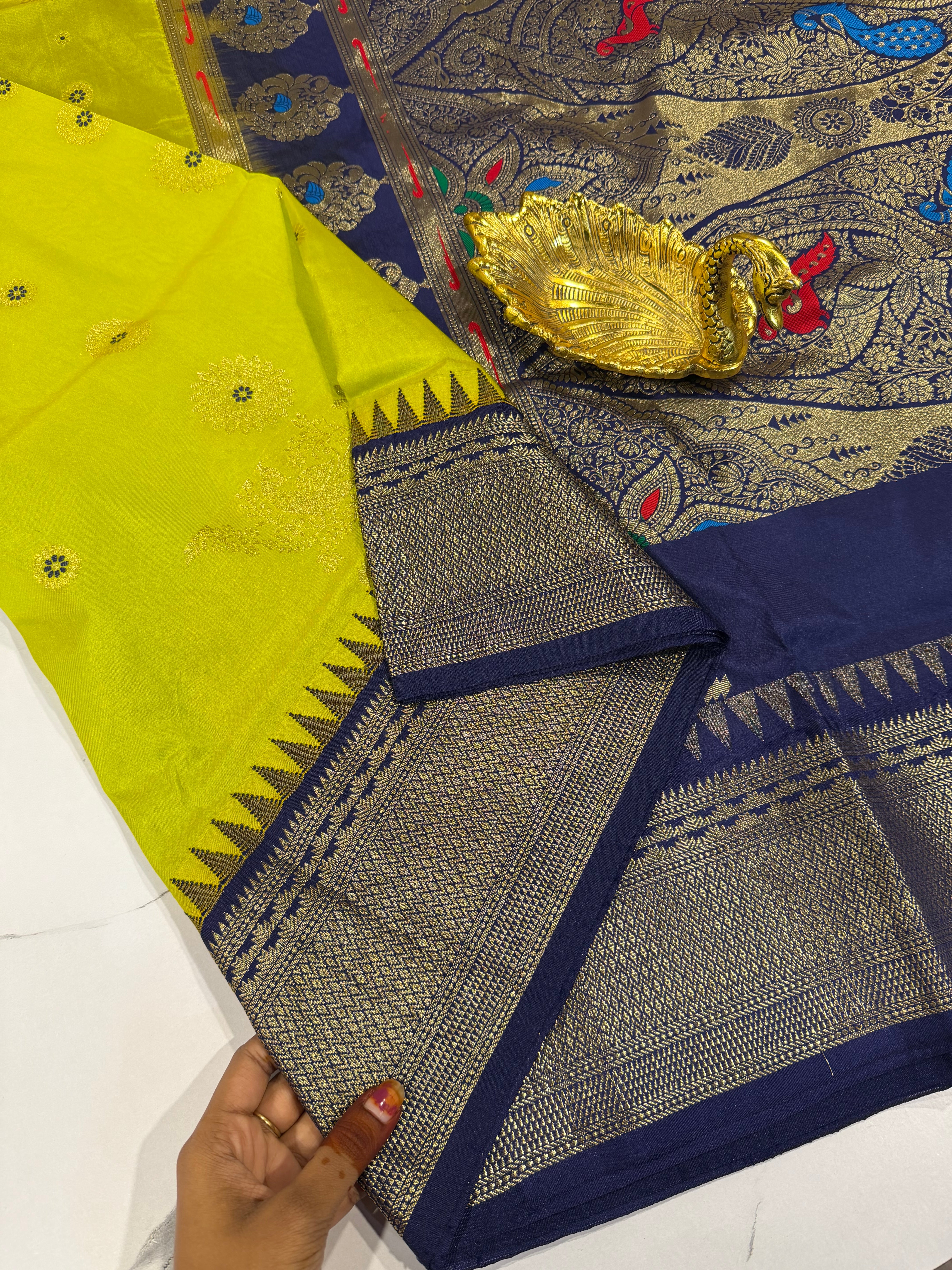 SN-35 Semi narayanpet pesara green and navy blue border saree