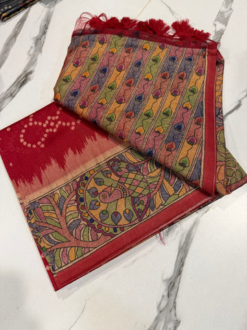 TM-9 Red saree Tussar Bhandij