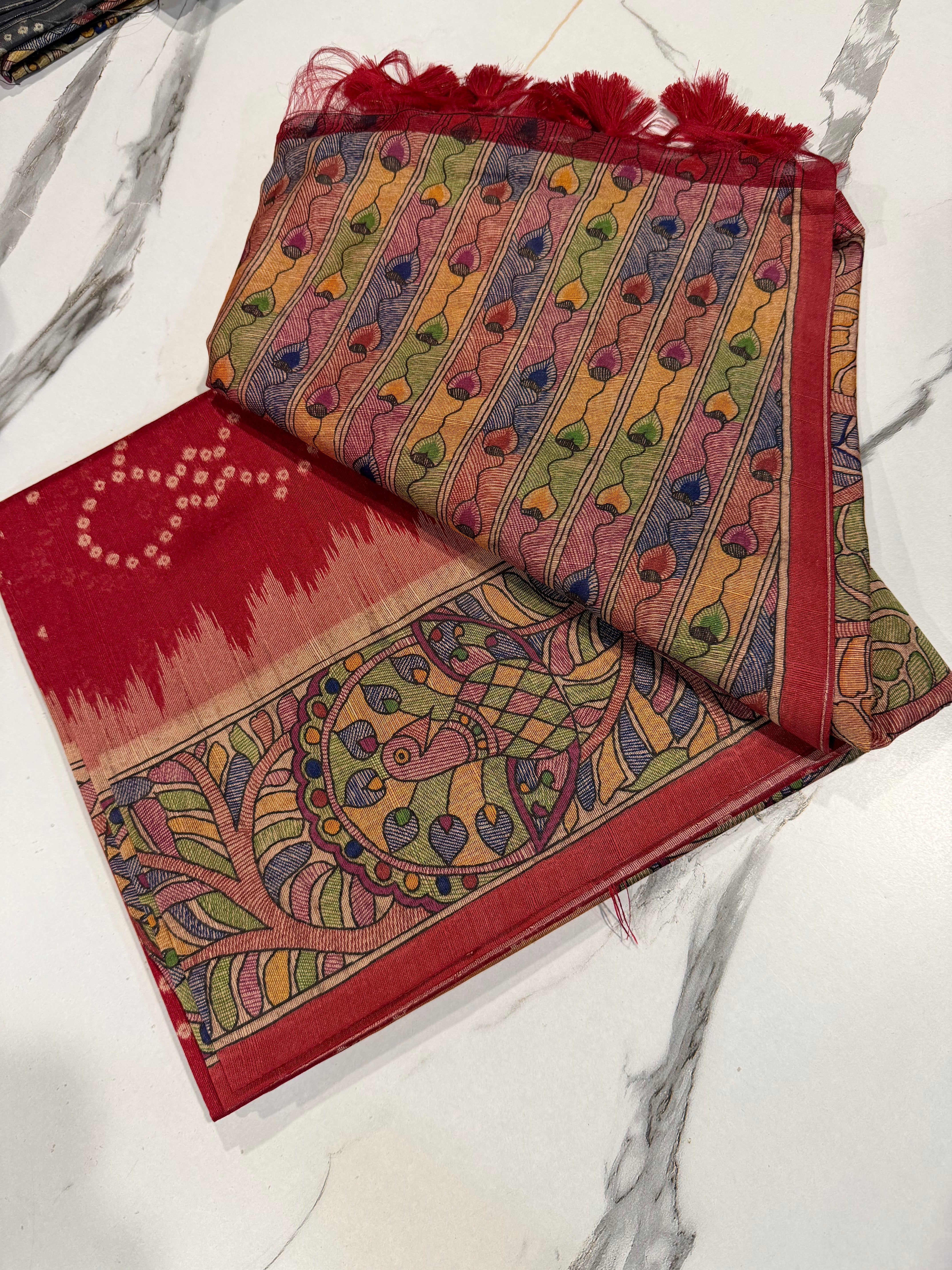 TM-9 Red saree Tussar Bhandij