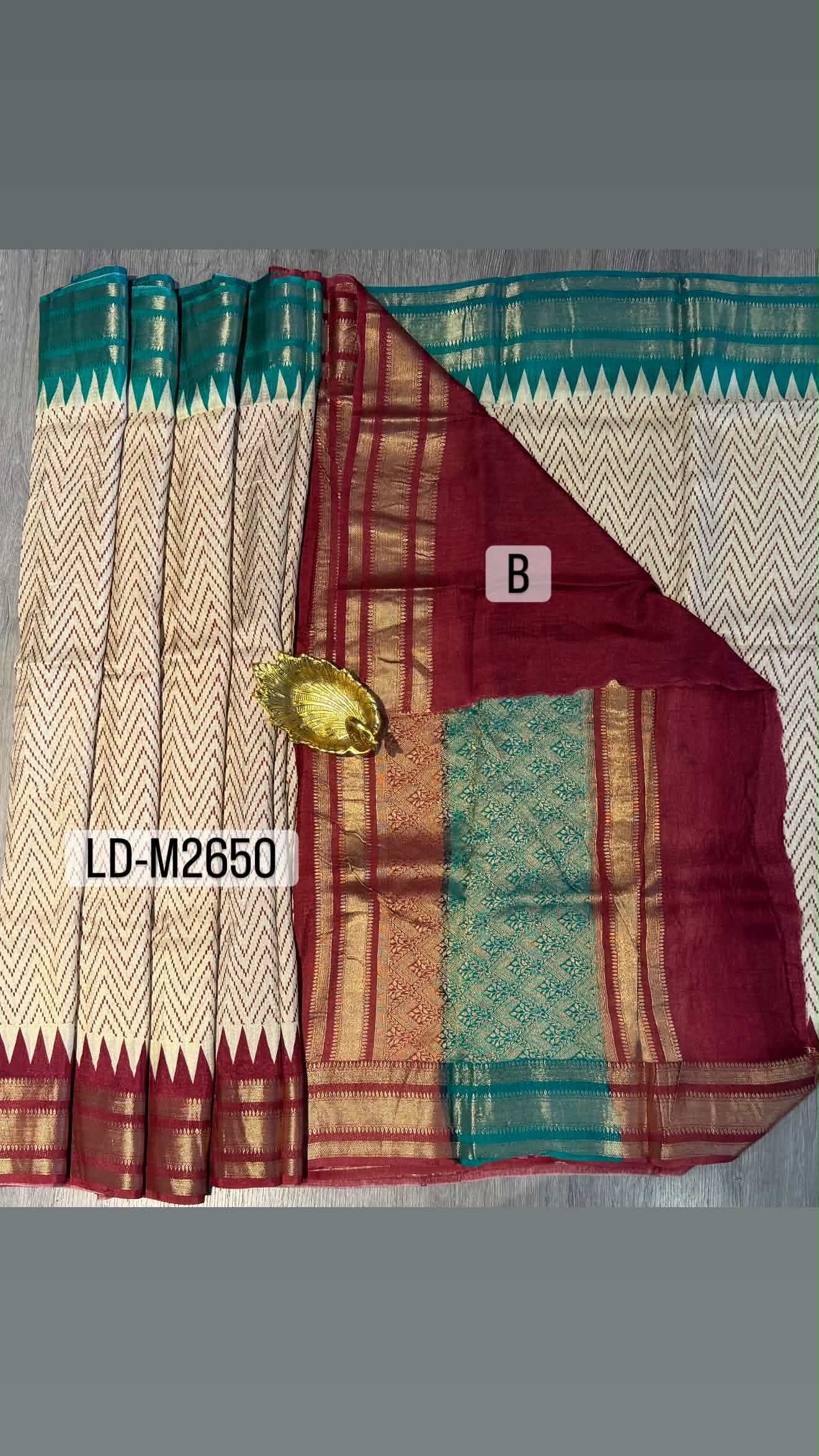 LD-M2650 cream ikkat style maroon n see green ganaga Jamuna saree