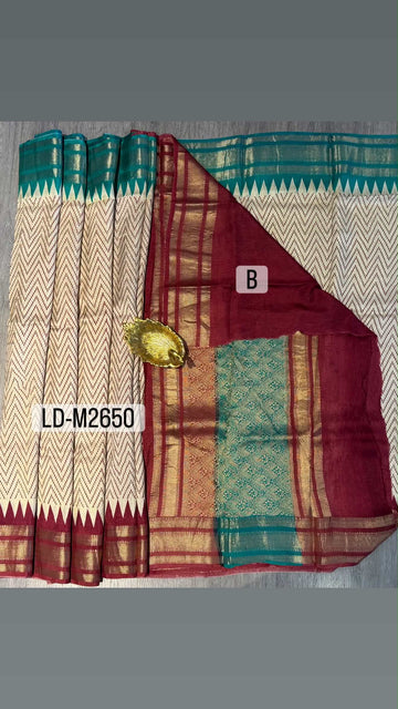 LD-M2650 cream ikkat style maroon n see green ganaga Jamuna saree