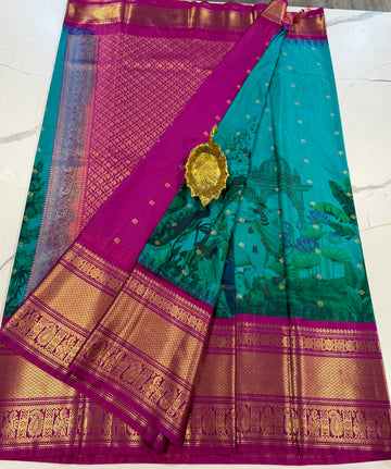 SGK-2997 seablue n purple  gadwal Kalamkari saree