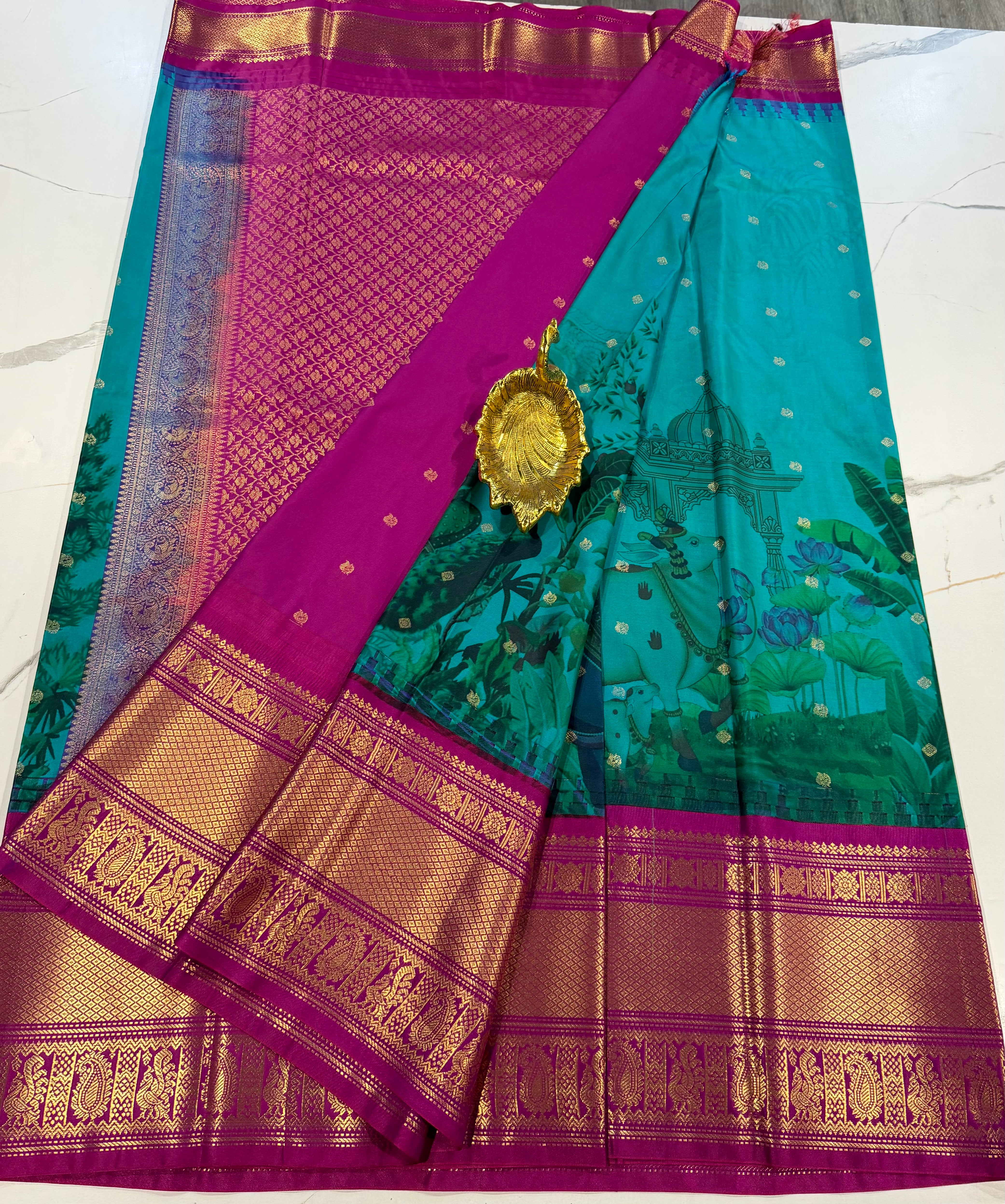 SGK-2997 seablue n purple  gadwal Kalamkari saree