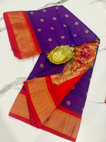 LD-N9 purple n red saree Narayanapet semi pattu chakra butta