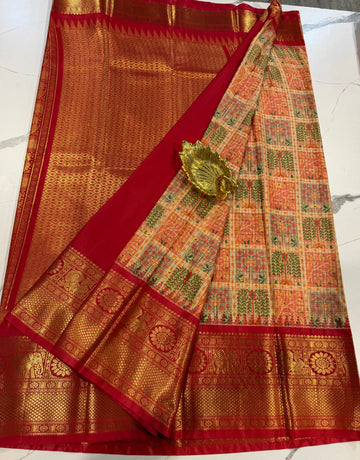 SGK-2997 cream n red gadwal Kalamkari saree