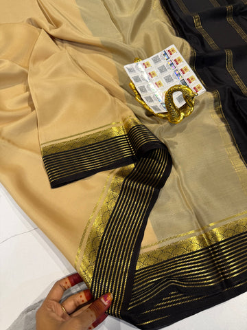 PM- 5700 cream and black border Mysore crepe silk saree