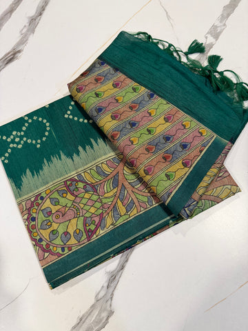 TM-9 Green saree Tussar Bhandij
