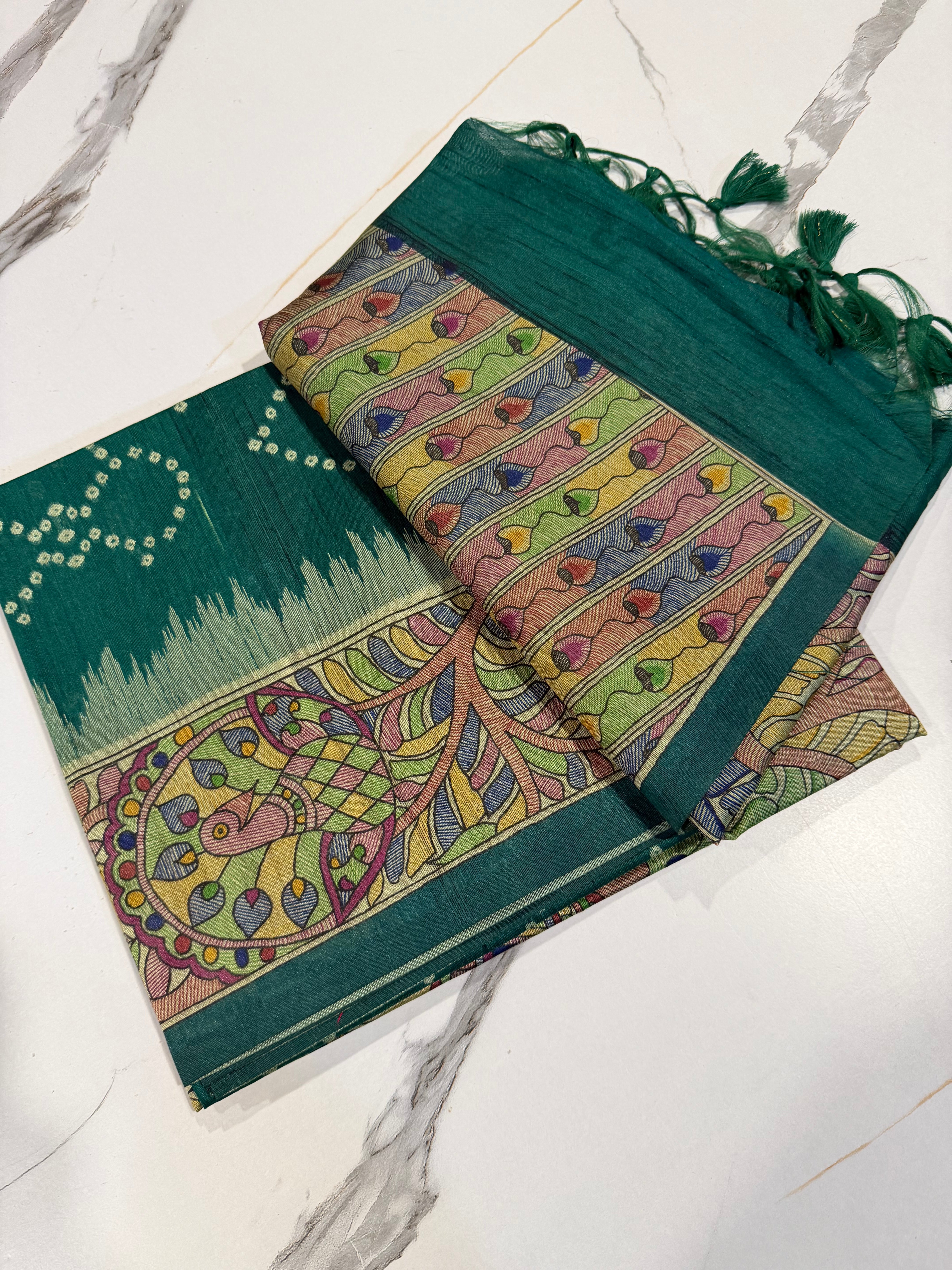 TM-9 Green saree Tussar Bhandij