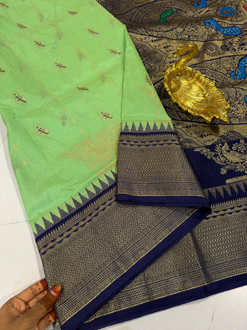 LD-NL35 semi narayanpet pattu pista green and navy blue border saree