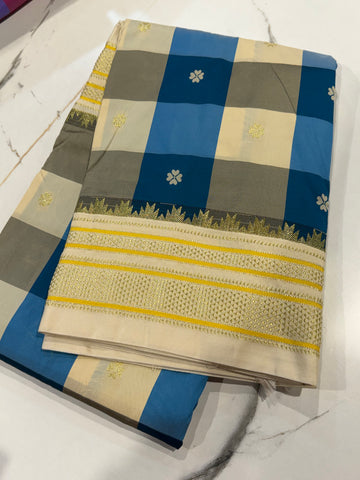 M-3450 cream ,grey & Krishna blue blue Madras checks Narayanpet saree