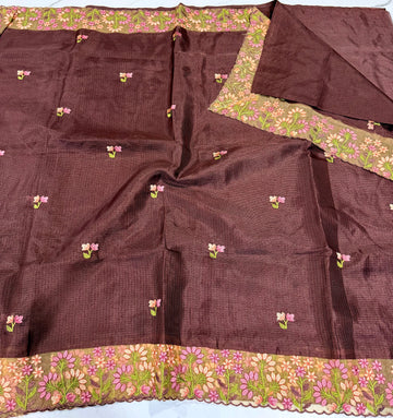 SkP-26 brown saree Supernet Kota Pettit work