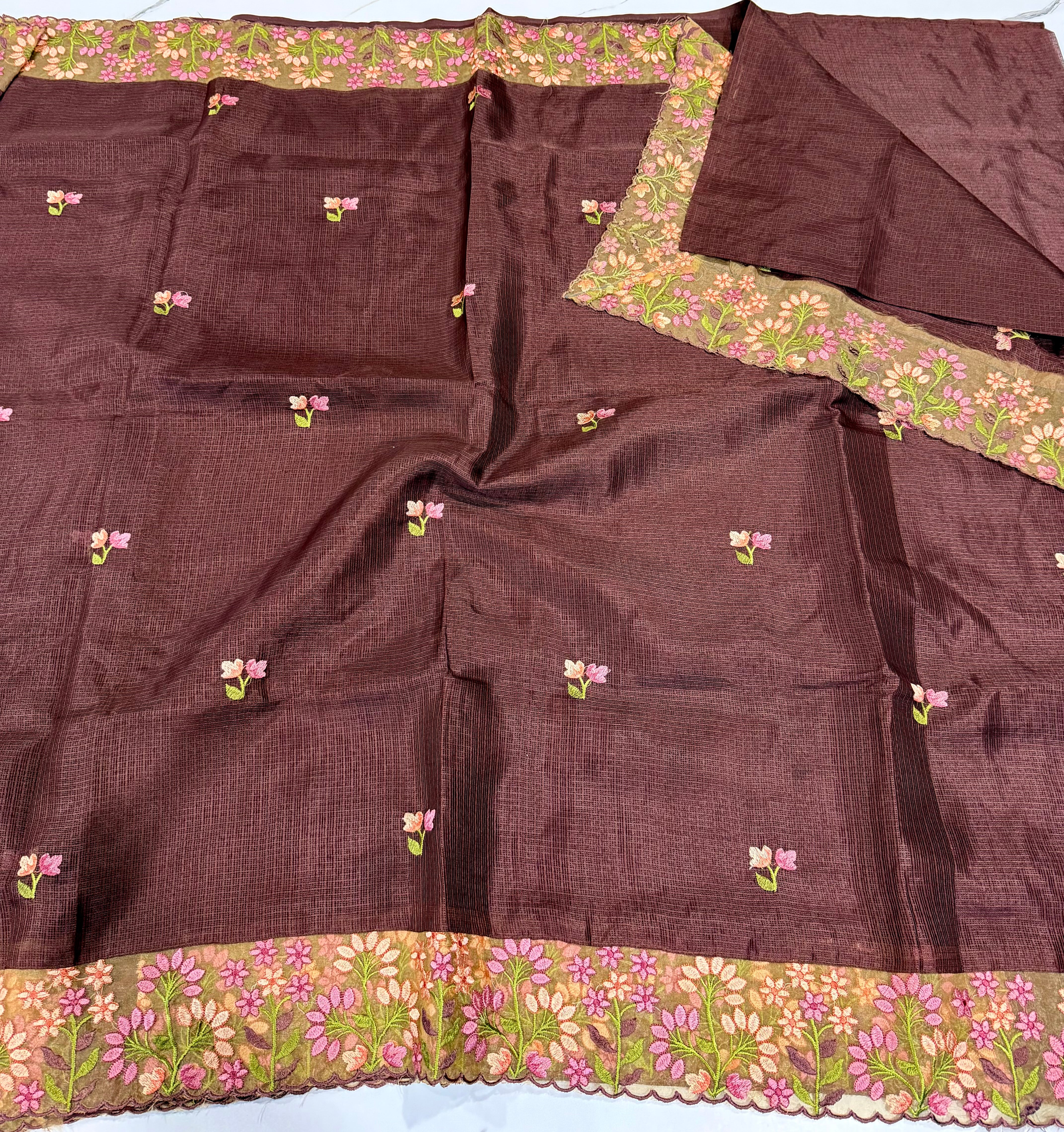 SkP-26 brown saree Supernet Kota Pettit work