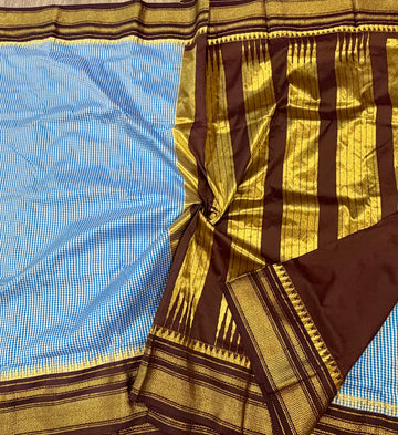 Nc-23 skyblye n white checks brown borders Narayanpet ilkal checks saree