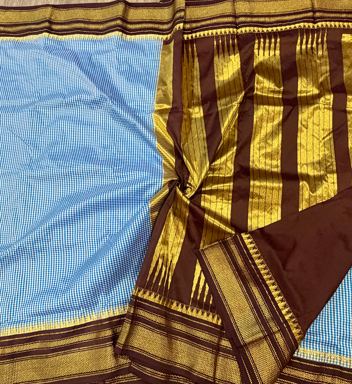 Nc-23 skyblye n white checks brown borders Narayanpet ilkal checks saree