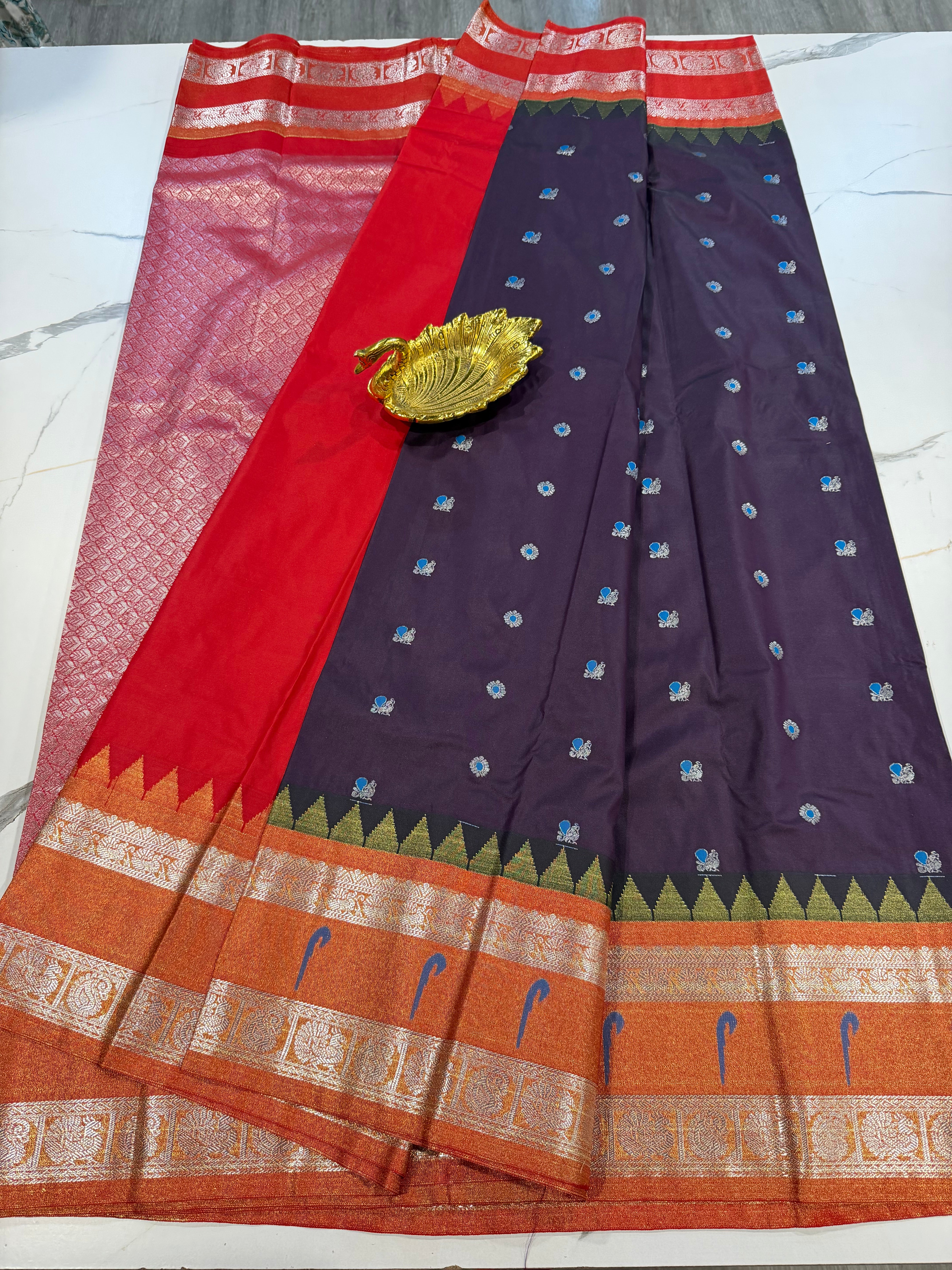 TS-3450 dark brinjal Tissue Muniya Gadwal saree