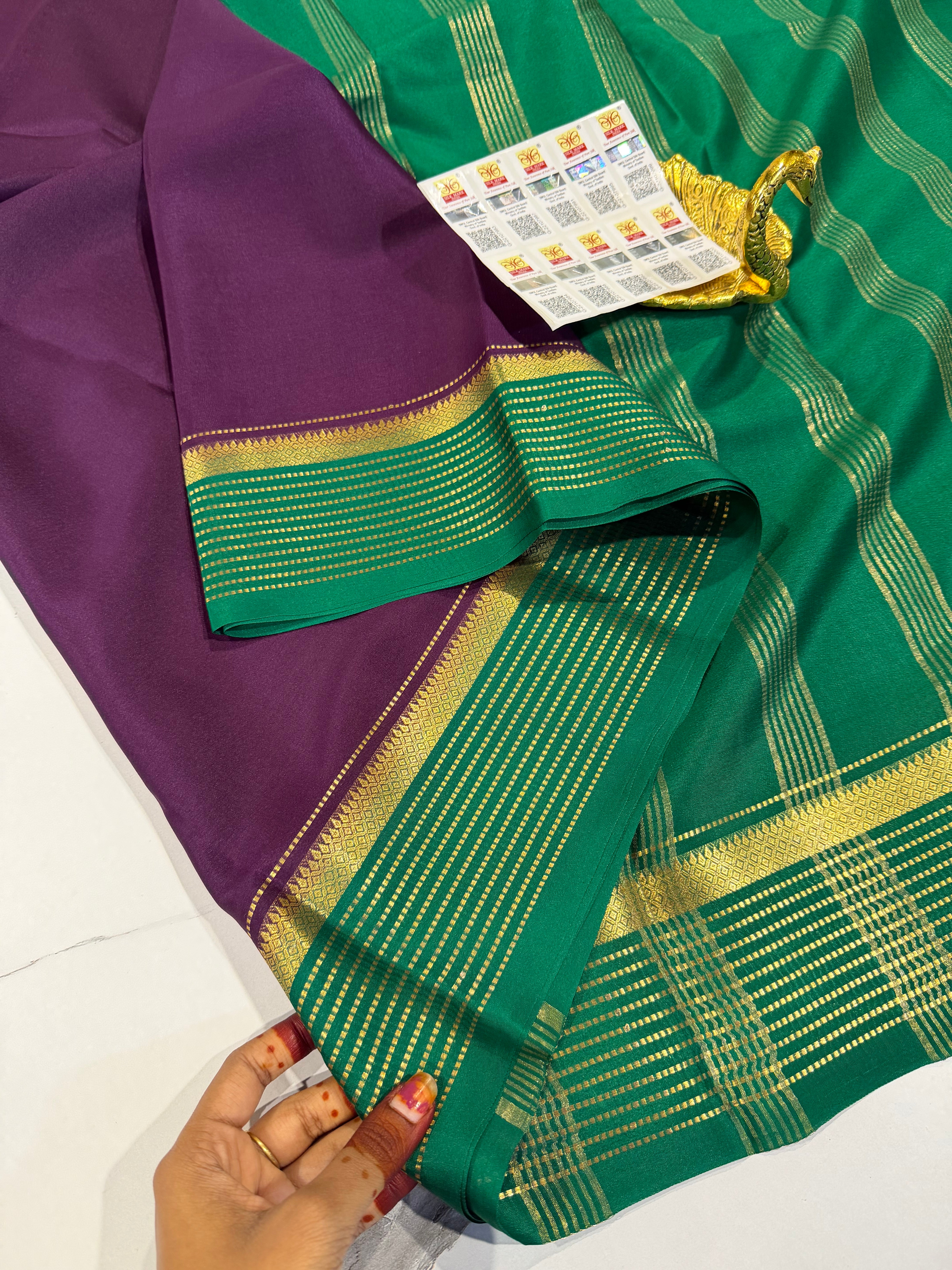 PM-5700 Wine and Sea green colour border Mysore crepe silk saree
