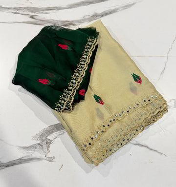C-999 crème colour chinnon crepe saree