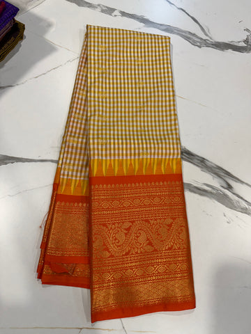 SGC-2500 Madras checks gadwal Mustured  n orange border saree