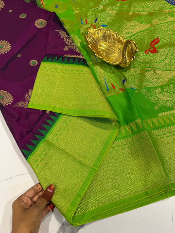 SN-35 Semi narayanpet wine and light green border saree