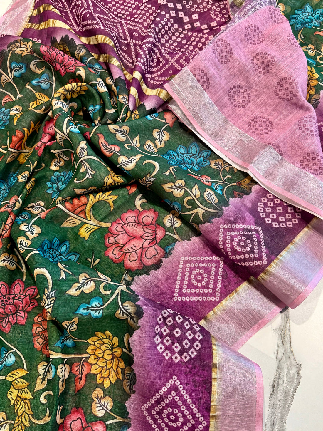 LD-L3 Linen prints green n magenta saree