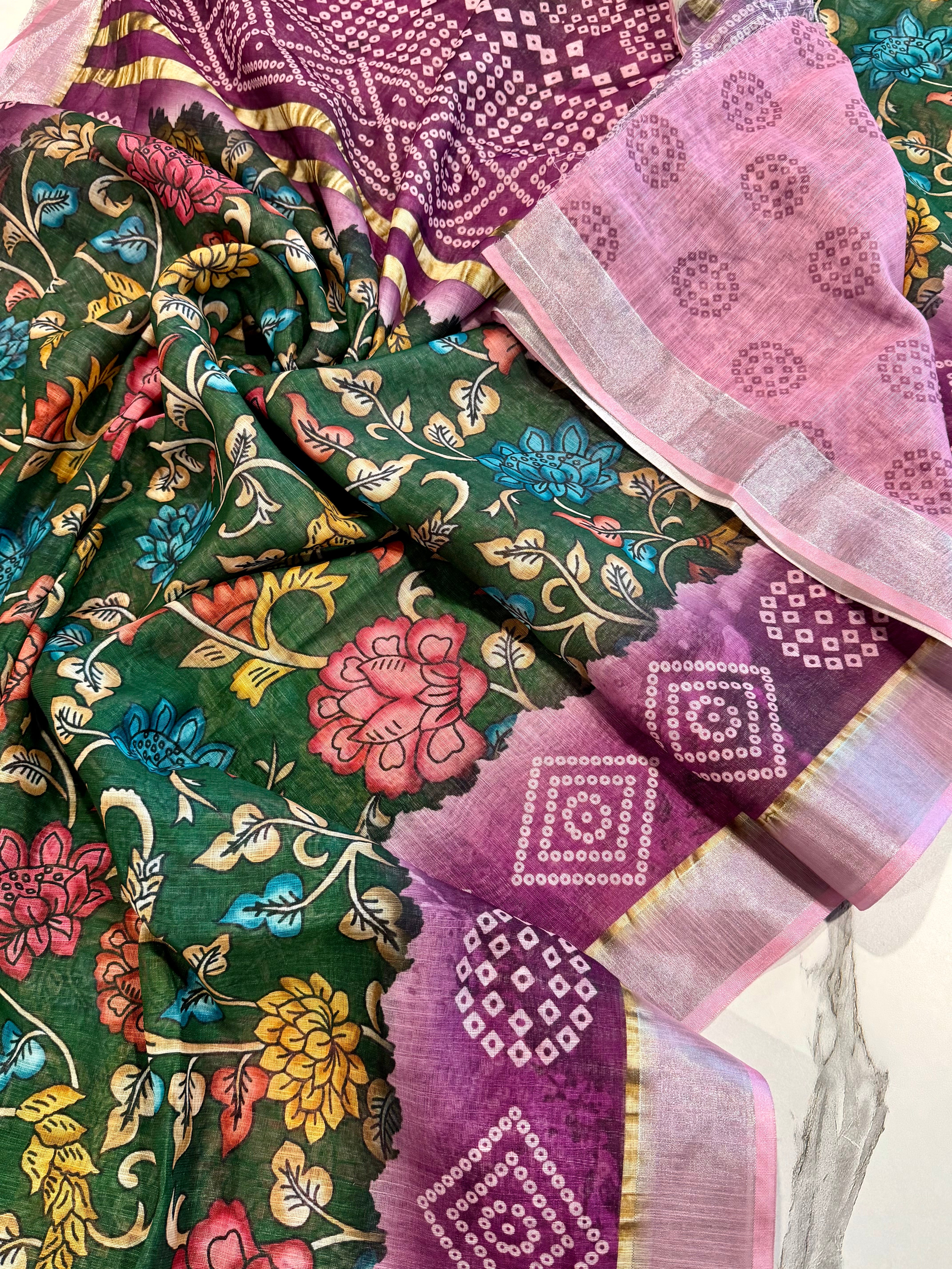 LD-L3 Linen prints green n magenta saree
