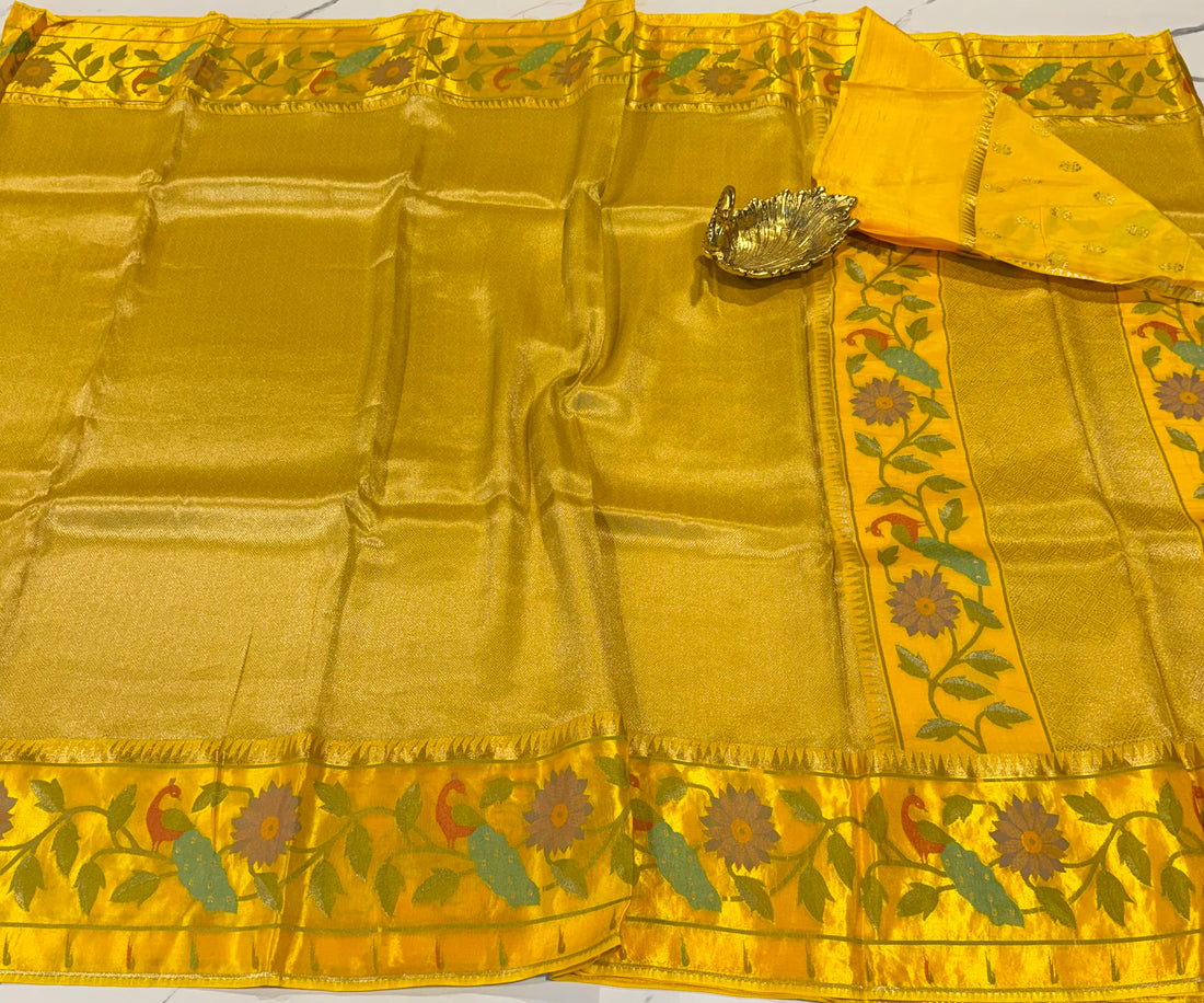 KT-53 yellow colour kanchi tissue paithani borders saree