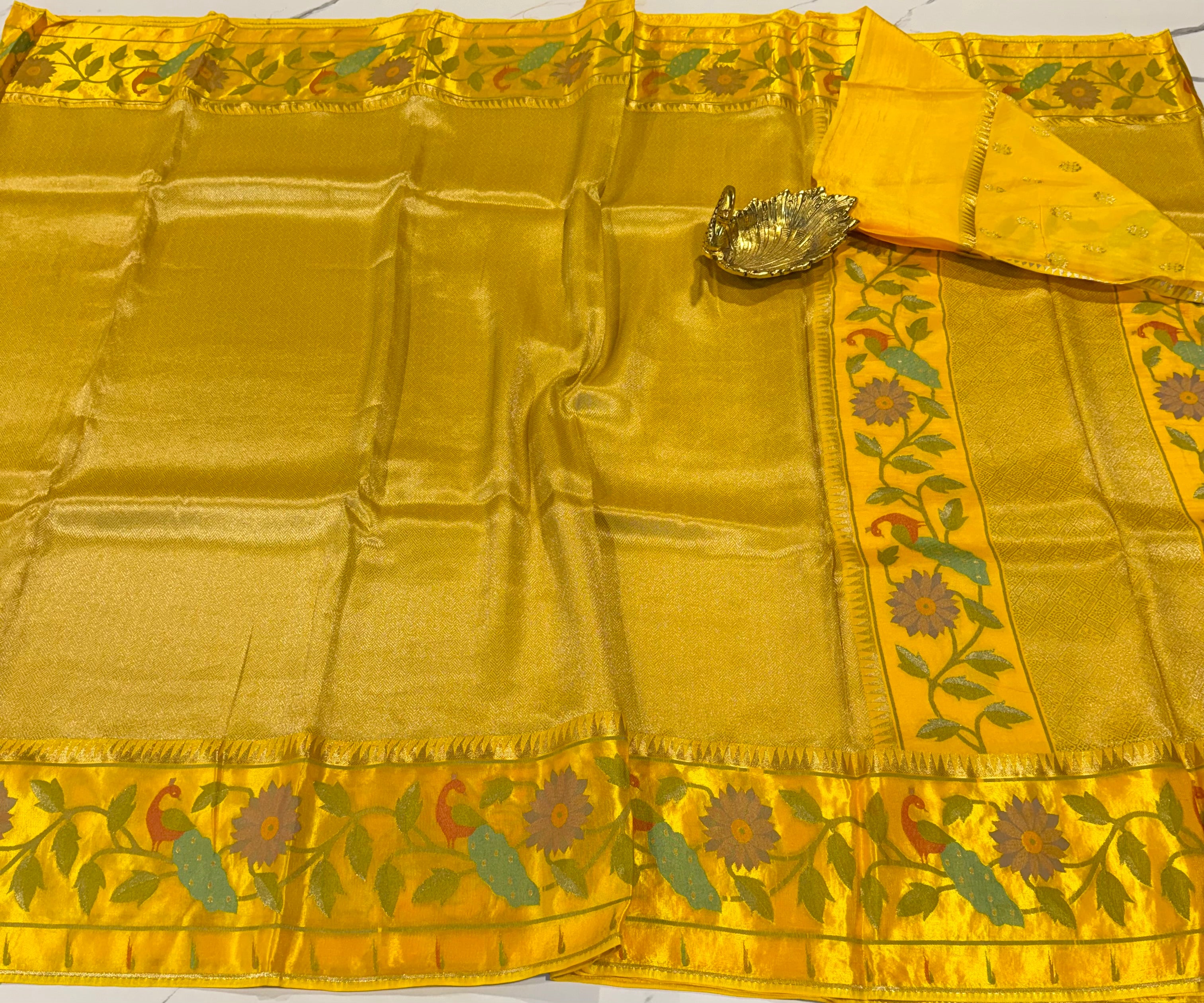 KT-53 yellow colour kanchi tissue paithani borders saree