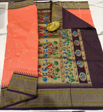 LD-NG25 peach and brinjal border saree
