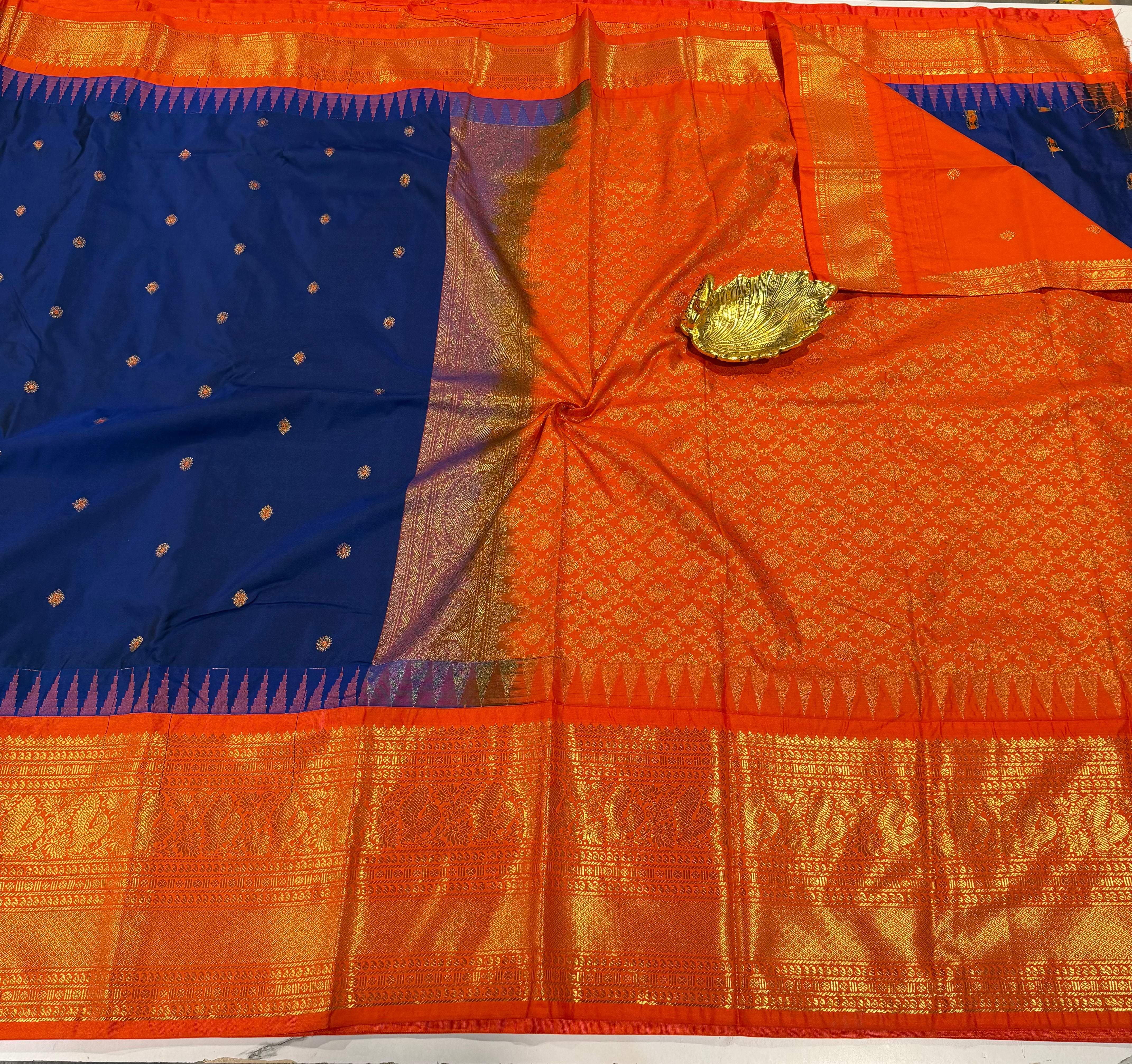 LD-G2299 vintage Semi Gadwal peacock blue and orange with butta saree