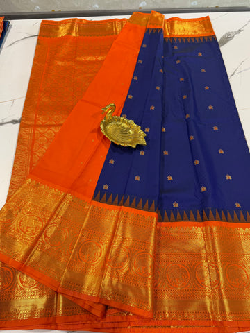 VG2 semi Gadwal ink blue and orange saree
