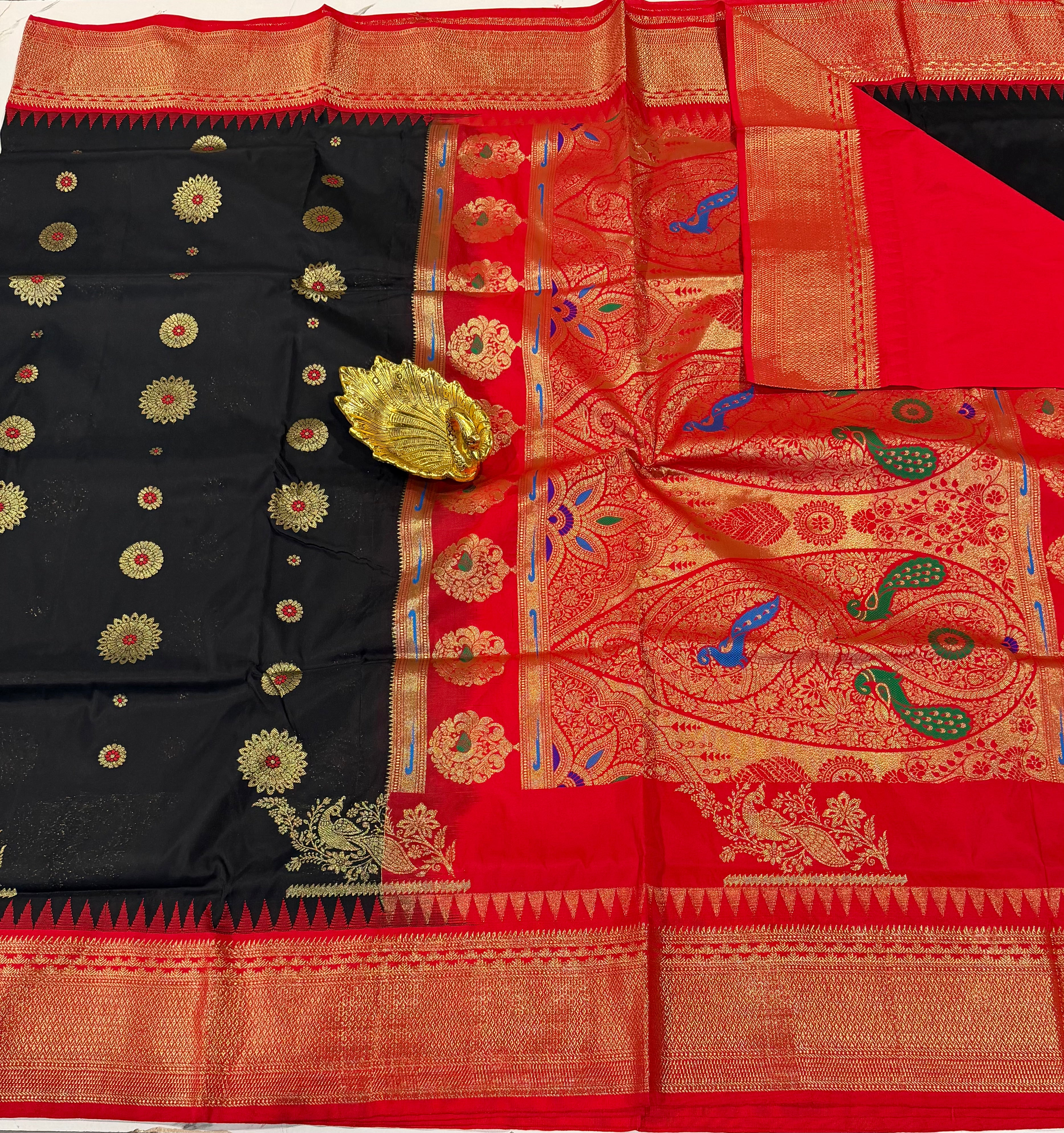 SN-35 Semi narayanpet black and red border saree