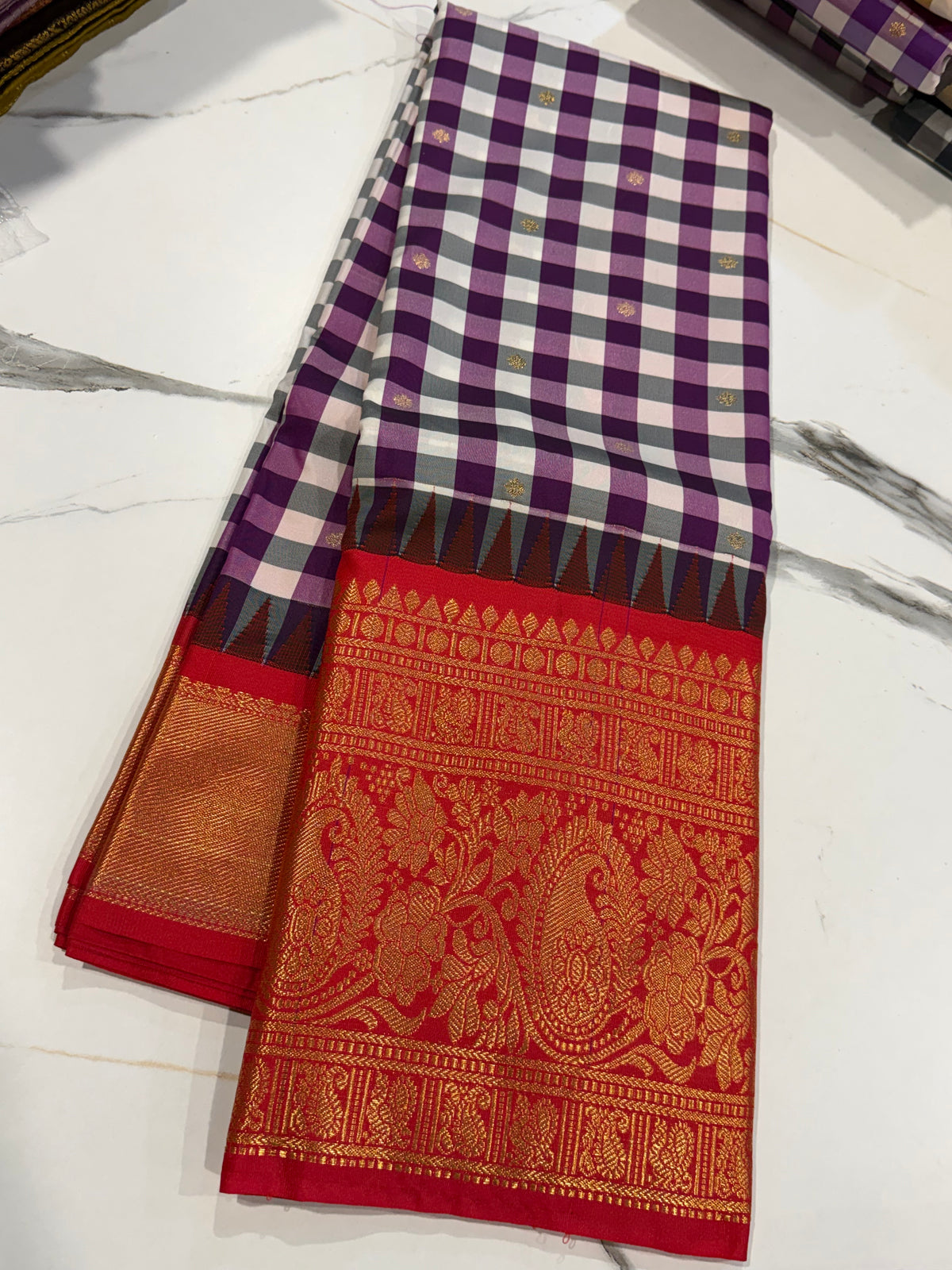 SGC-2500 Madras checks gadwal purple and Red border saree