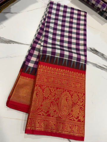 SGC-2500 Madras checks gadwal purple and Red border saree