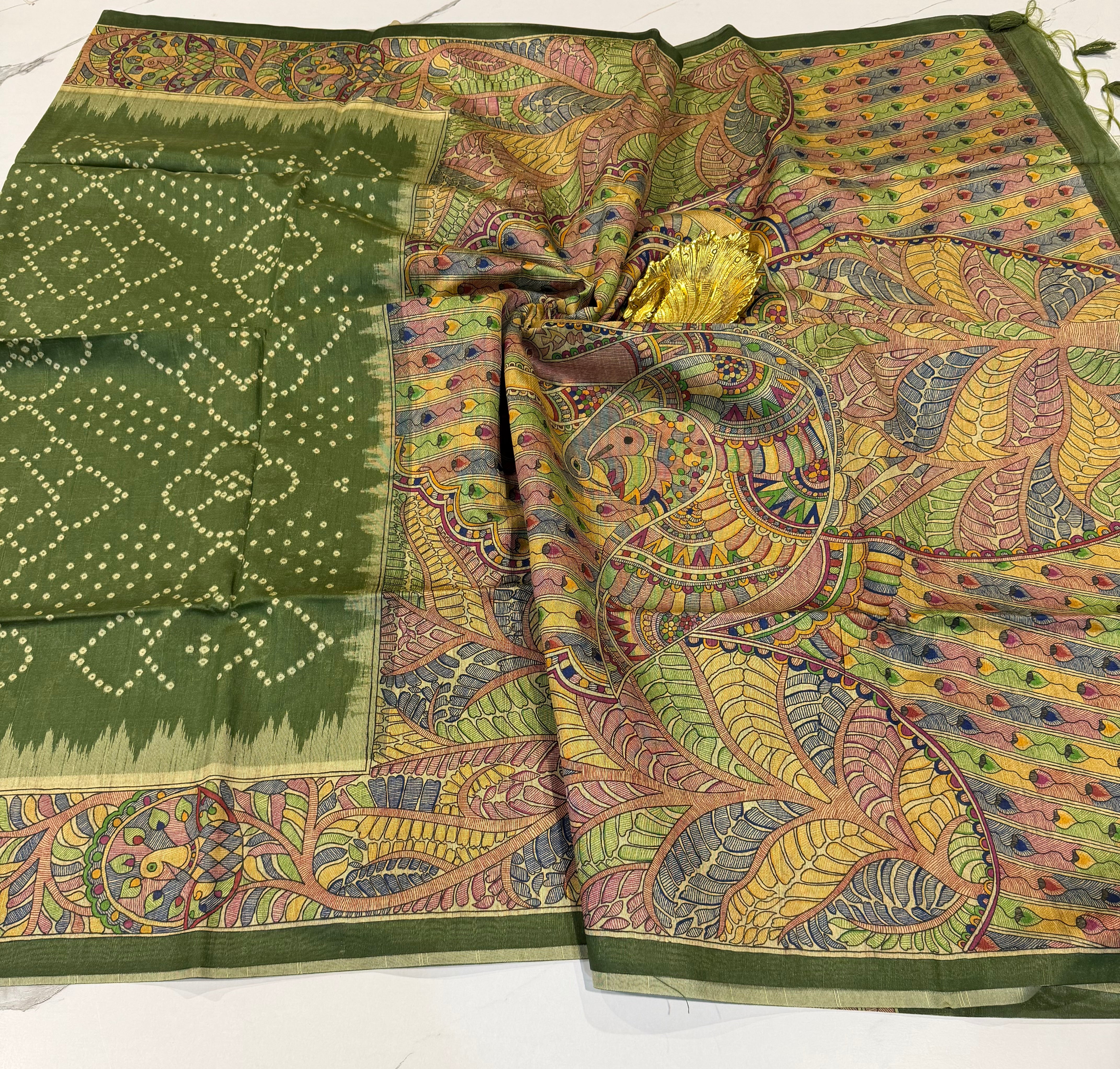 TM-9 pesaragreen saree Tussar Bhandij