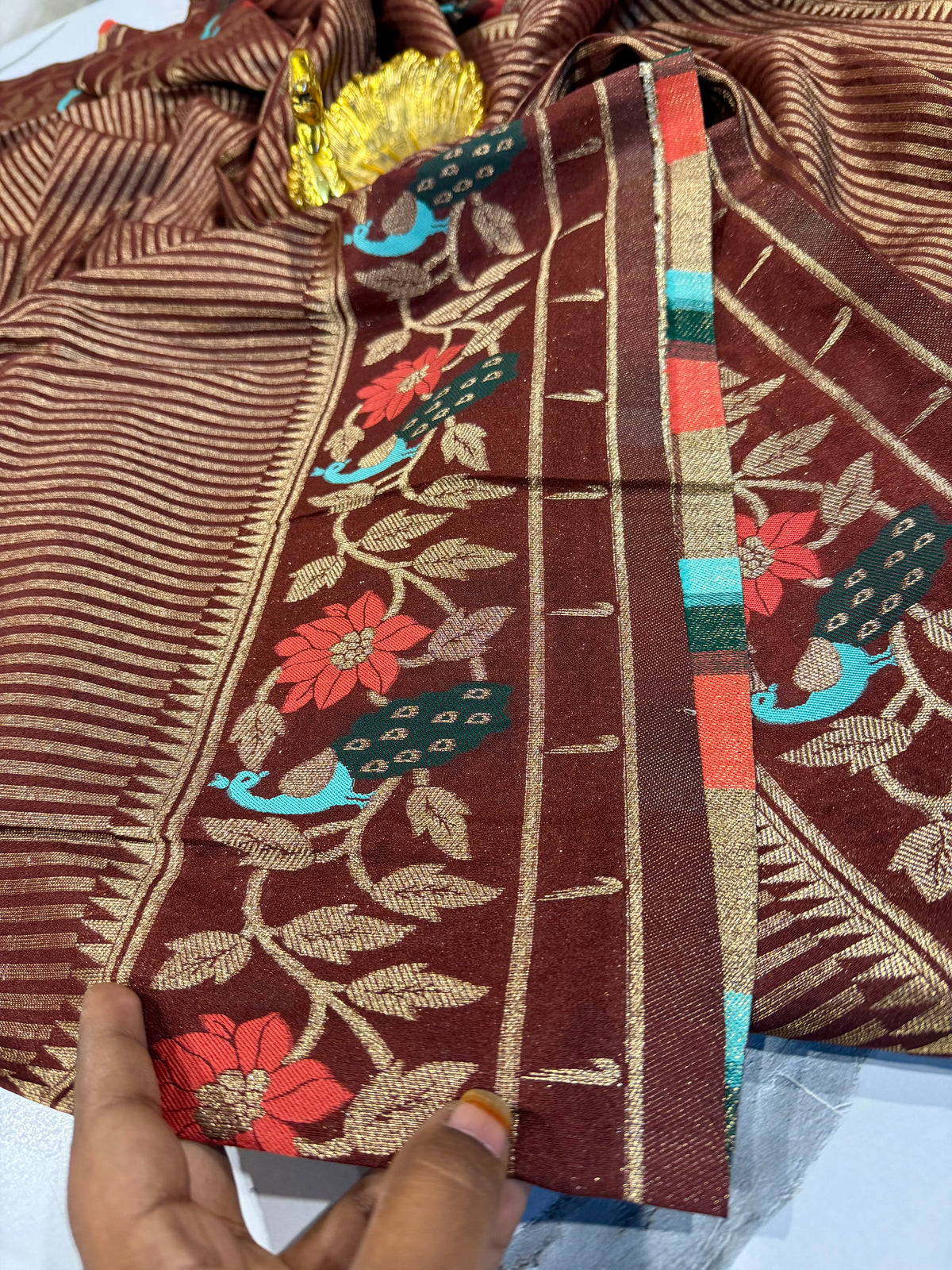 Gv-1950 Brown Banaras green mango saree