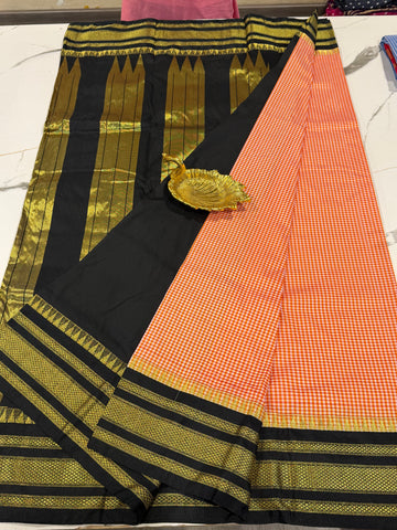 LD-N22 narayanapet orange n white checks and black border saree