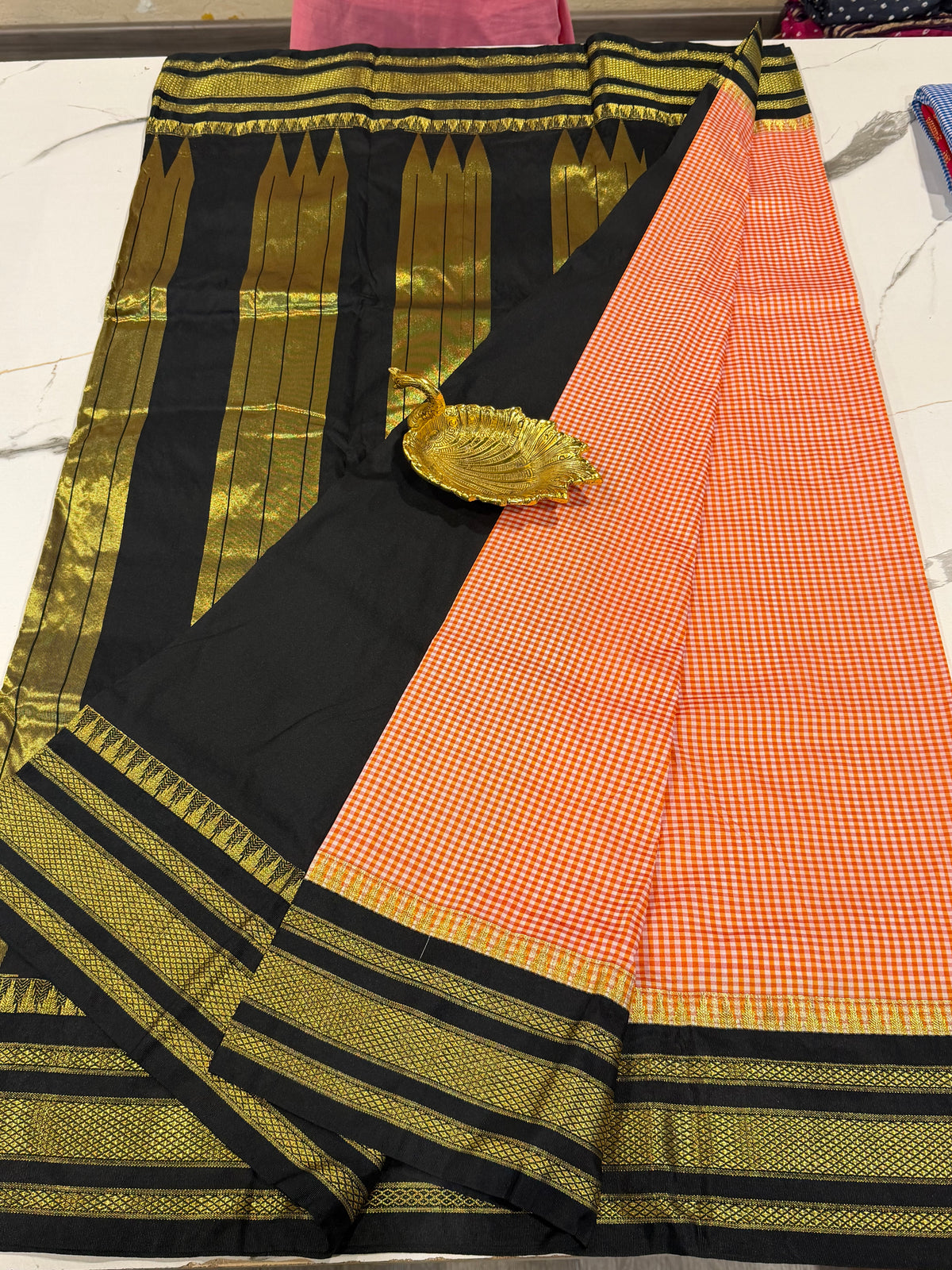 LD-N22 narayanapet orange n white checks and black border saree