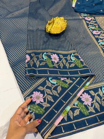 Gv-1950 peacock blue Banaras green mango saree