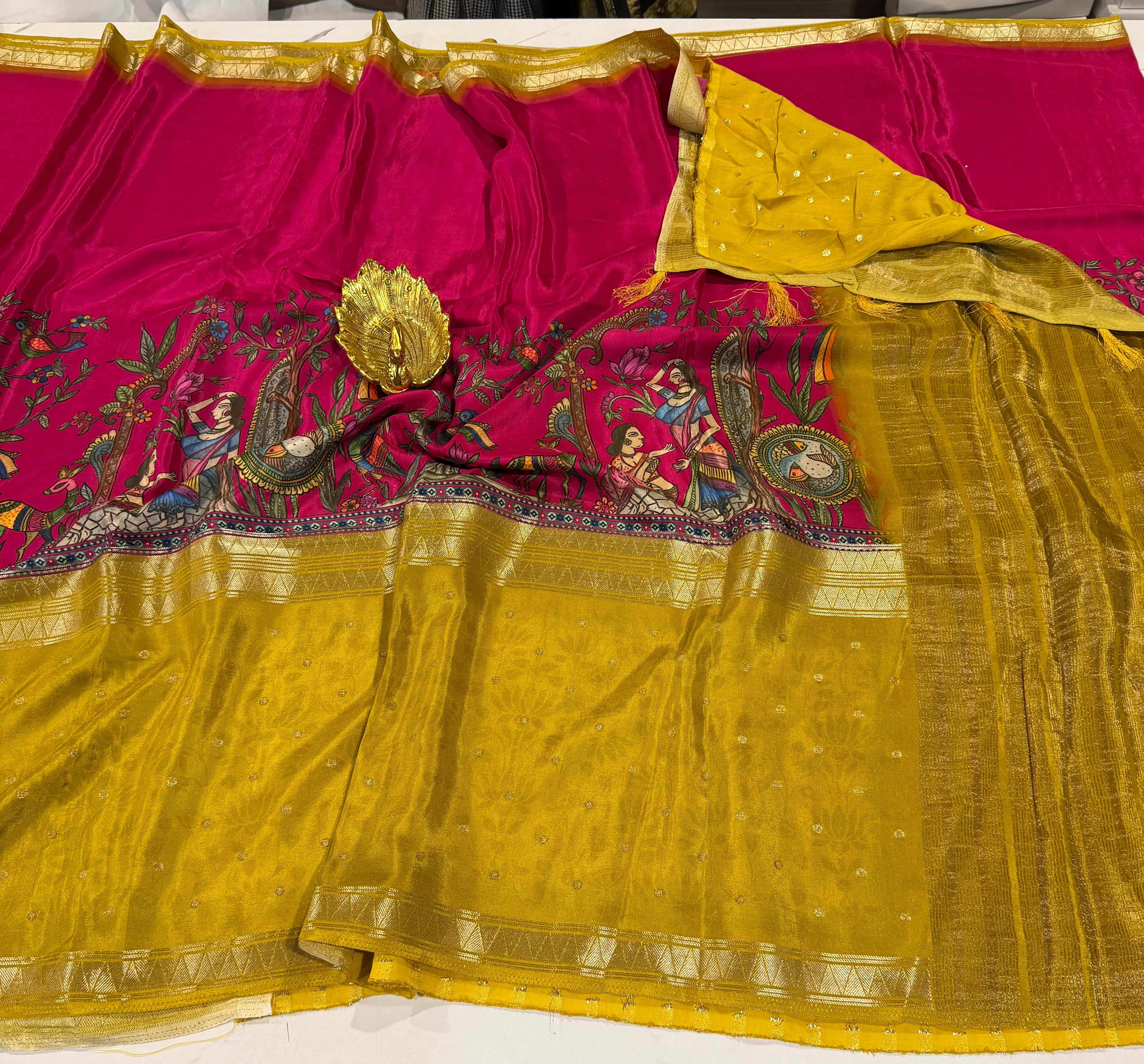 MC3299-Pink and Mustard - Mysore crepe semi - story telling concept