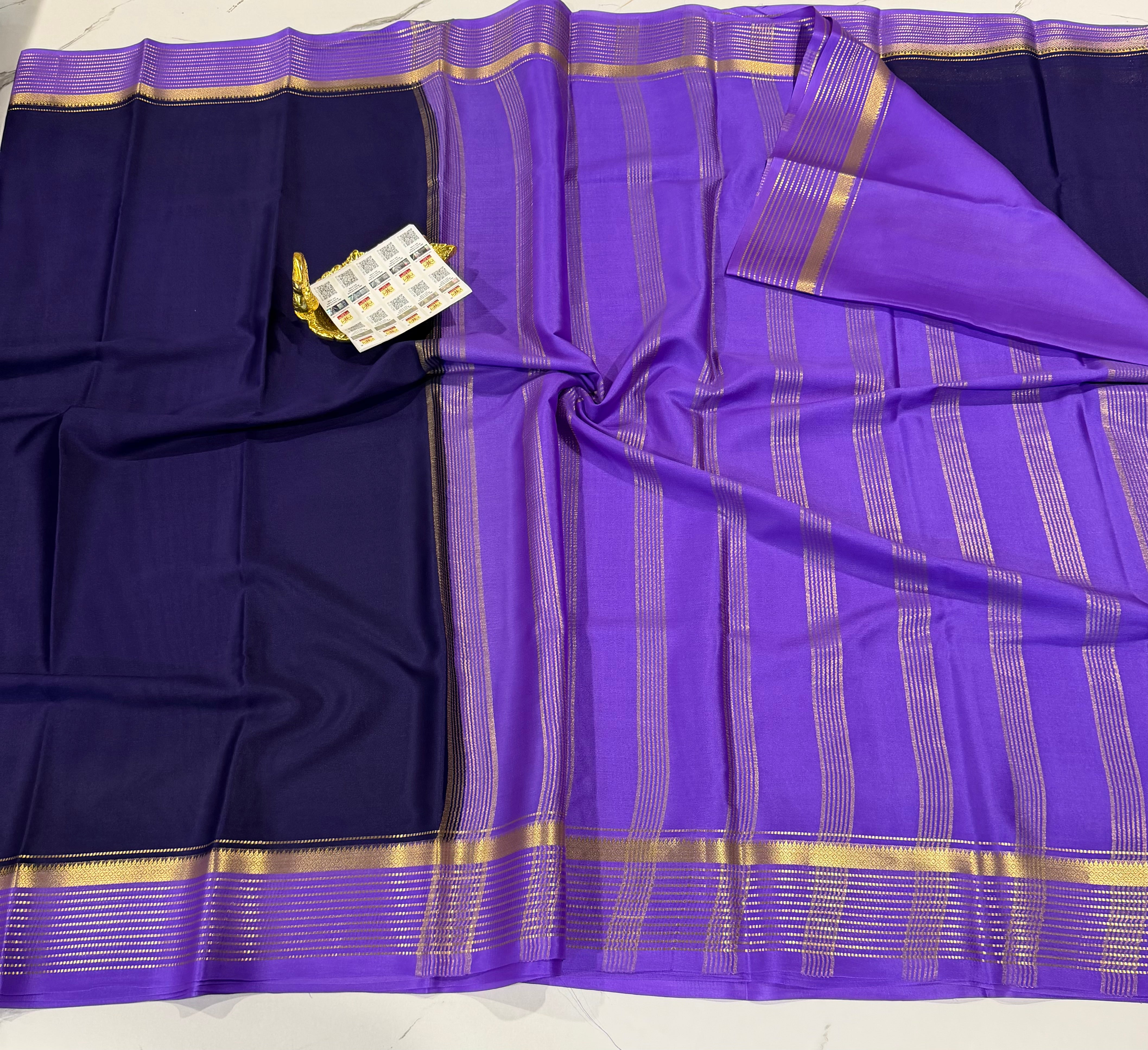 PM- 5700 Brinjal and Lavender colour border Mysore crepe silk saree