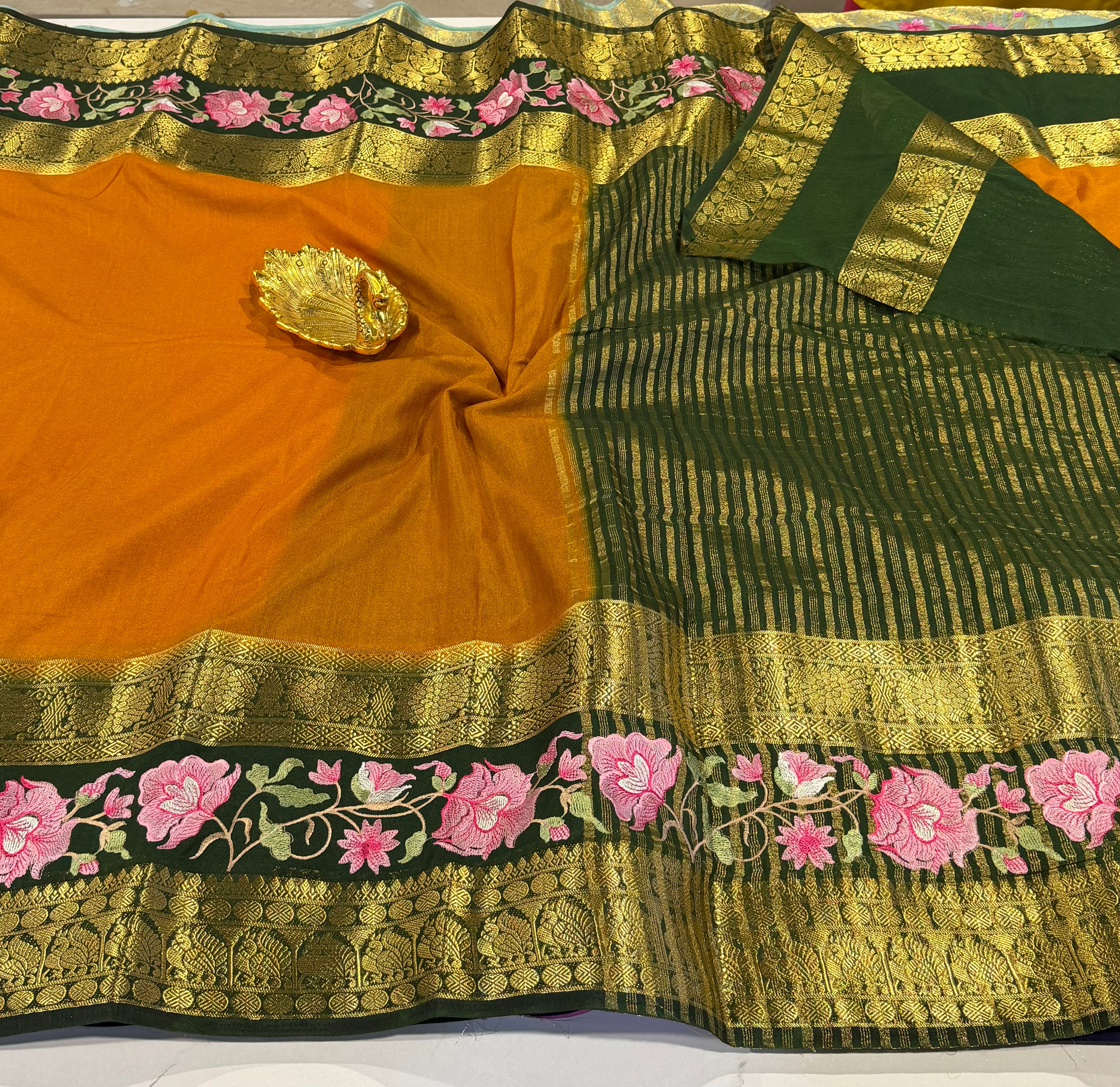 LD-M2 semi Mysore sarees musted yellow & green saree