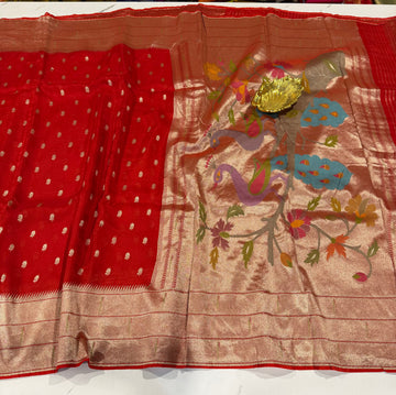 KP-5250 Red Paithani Kora saree