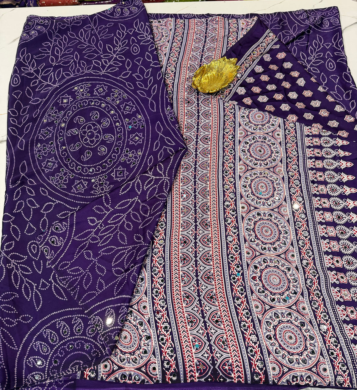 AM-950 purple Ajrak mirrors saree