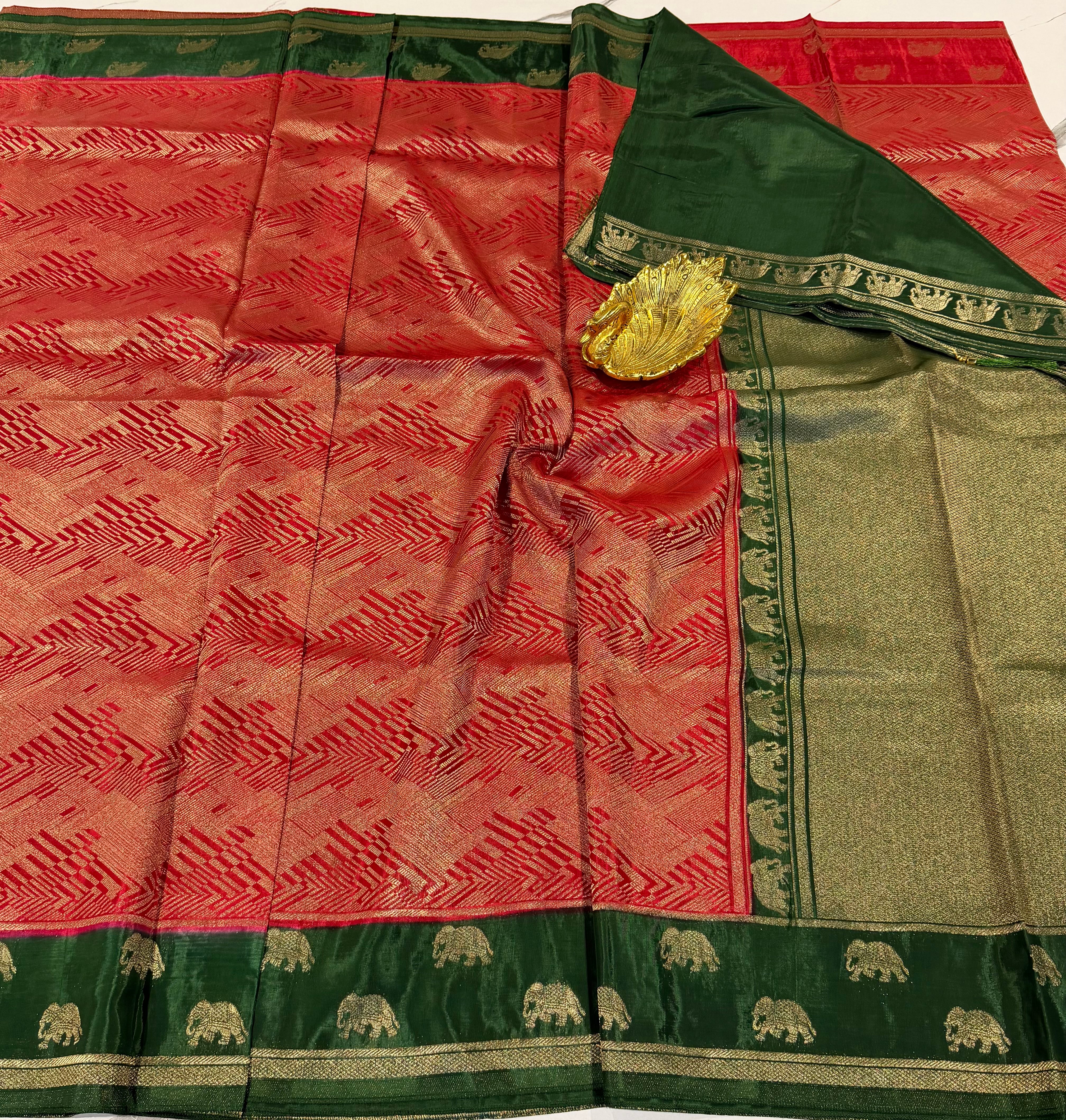 KW-2549 Red n Green saree Kanchi green mango