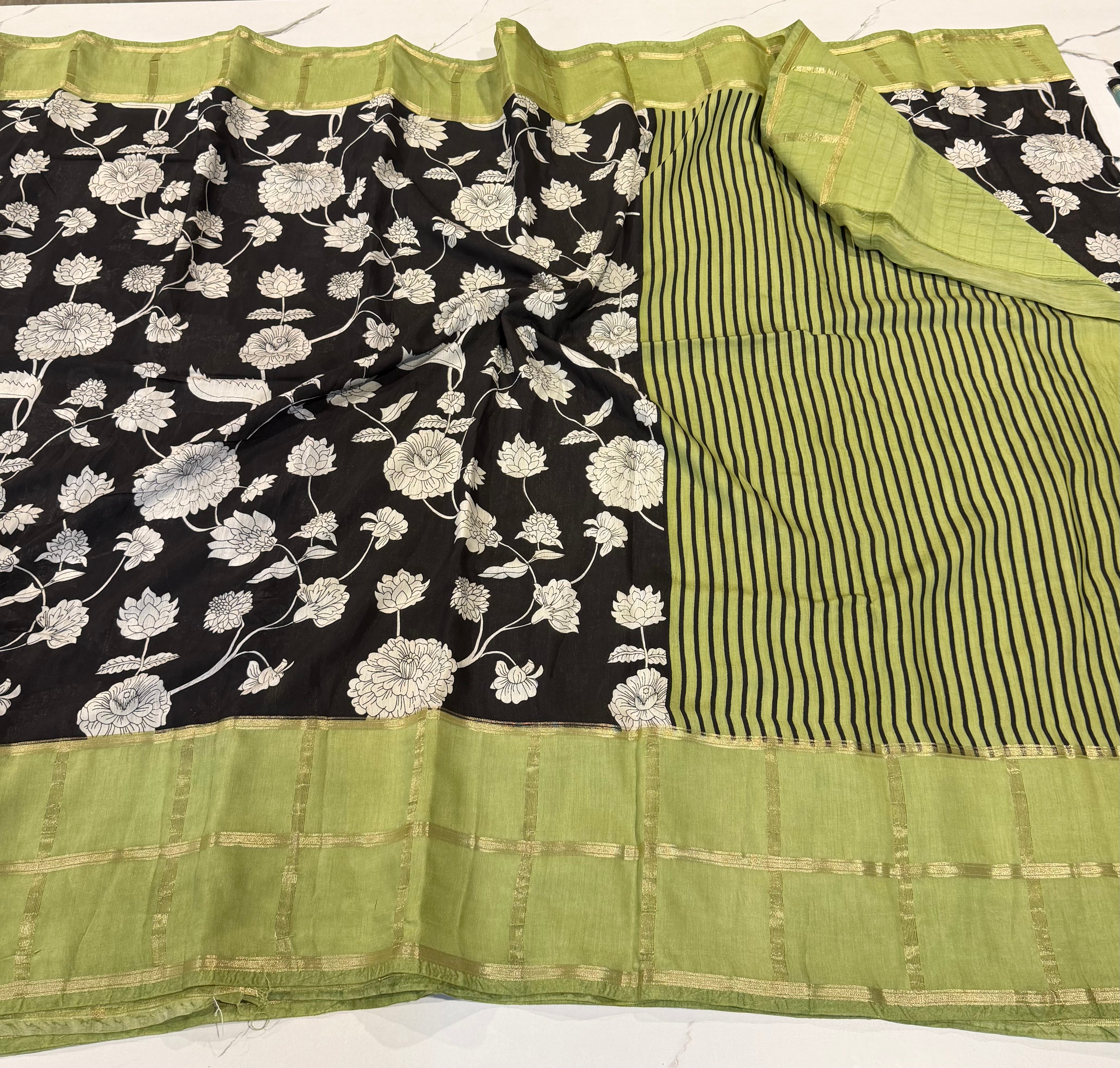 As-1551 Black saree pistagreen borders Assam silk